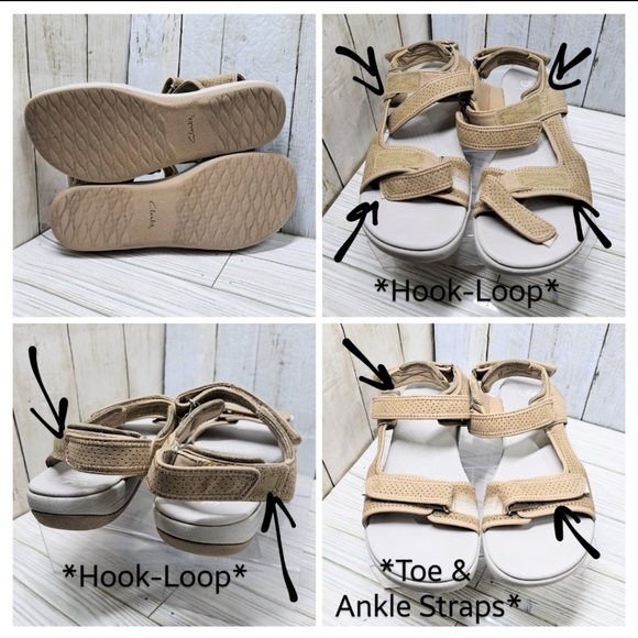 Clarks Brizo Sammie Wmn 9.5N Tan Perforated MicroSuede HookLoop Strappy Sandals - Picture 4 of 6